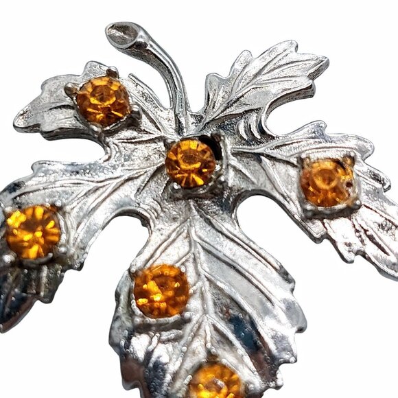 Maple Leaf Citrine Glass Silver Tone Clip On Earrings Vintage Estate Unsigned - Picture 3 of 6